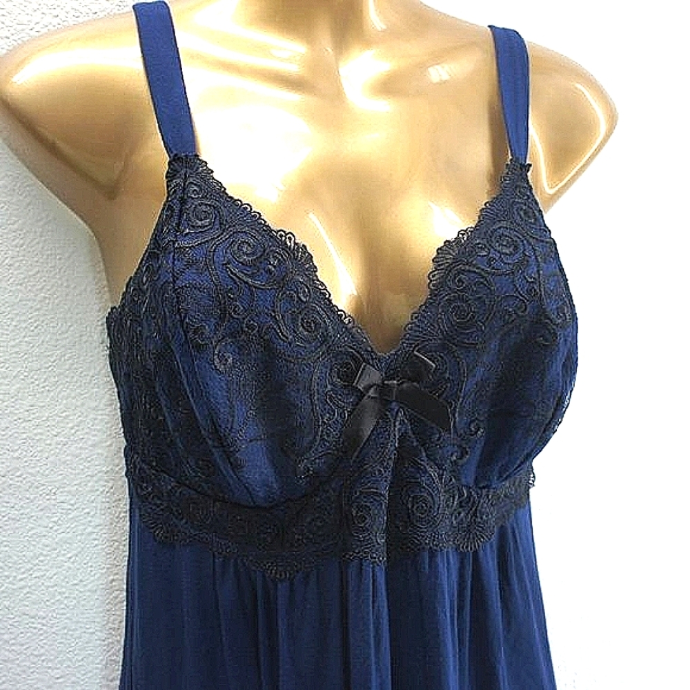 Soma navy w/black lace empire nightie size M - Picture 2 of 5